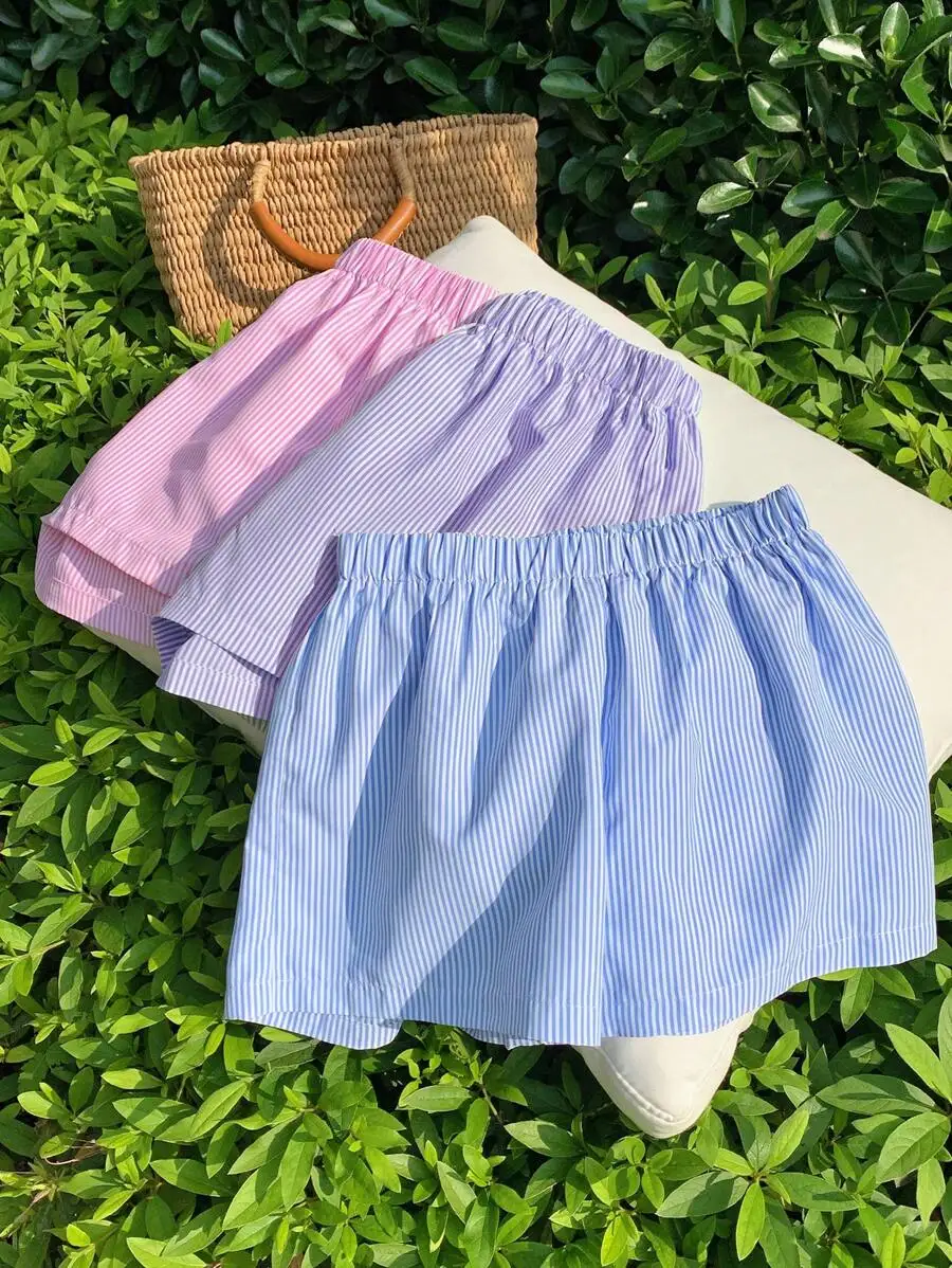 

3pcs Womens Striped Woven Shorts Set Casual Loose Fit Elastic Waist
