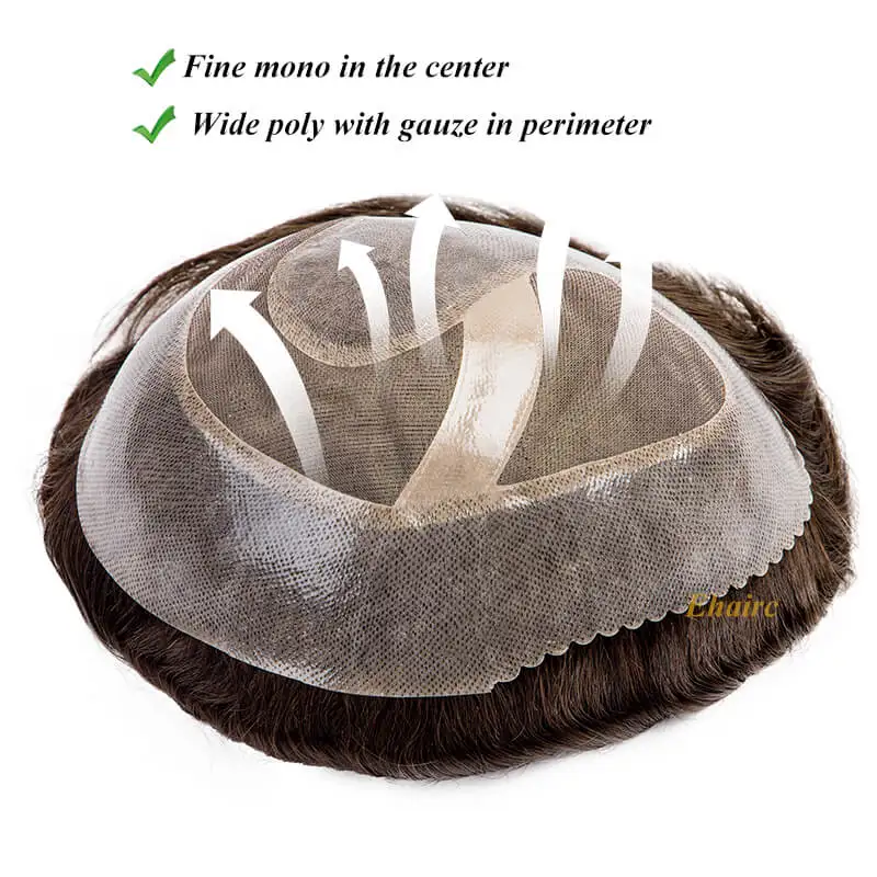 Men Wig Male Hair Prosthesis Mono with Scallop Front 6