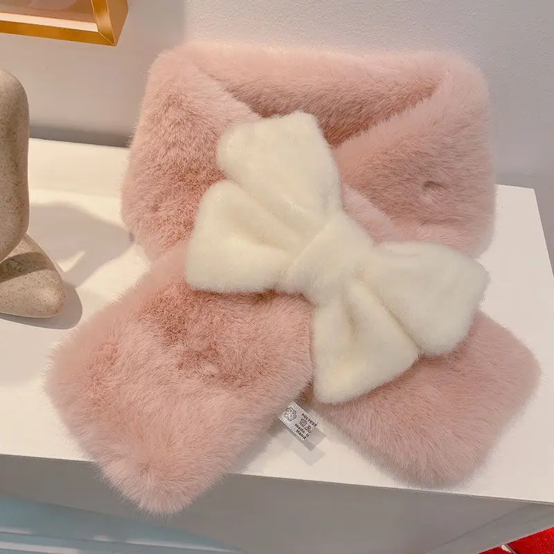 

Japanese Sweet Hot Girl Pink Bow Neck Scarf Women's Autumn/Winter Faux Fur Cute Fury Scarf Fashion Female Trendy Accessories