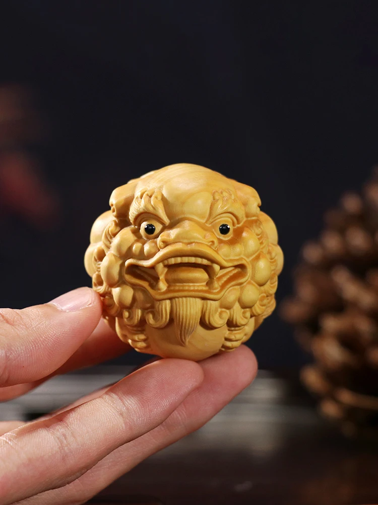 Lion Head Pixiu Handball, Yoga Hand Massage Ball, Solid Wood, Home Animal Pendant