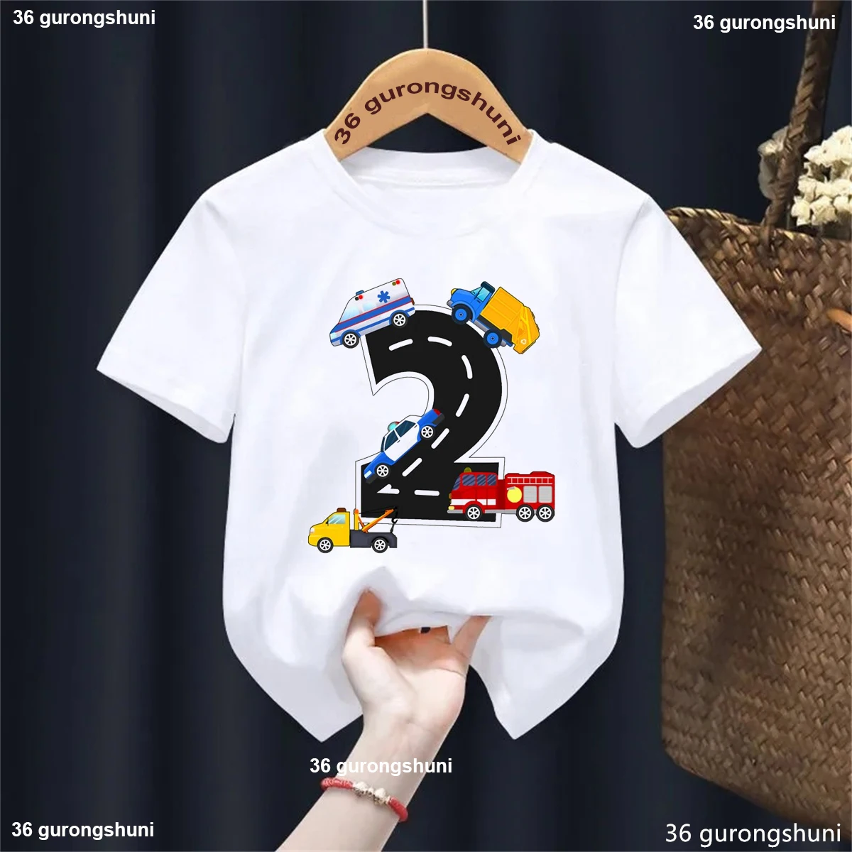 

2nd Birthday Gift Famer Tractor Fire Truck Aircraft Printed T Shirt Boys Kawaii Kids Clothes White/Blue/Yellow T-Shirt
