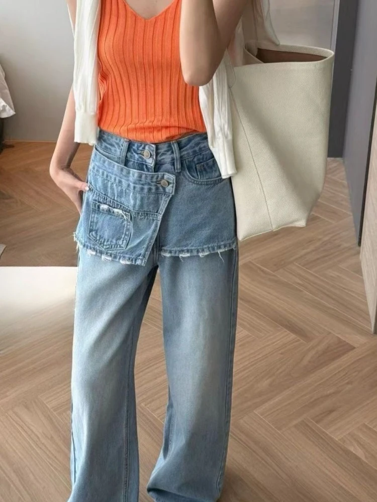 

Spring 2026 New Retro High Waist Splicing Fake Two piece Wide Leg Jeans Women Design Sense Loose and Stylish Straight Pants