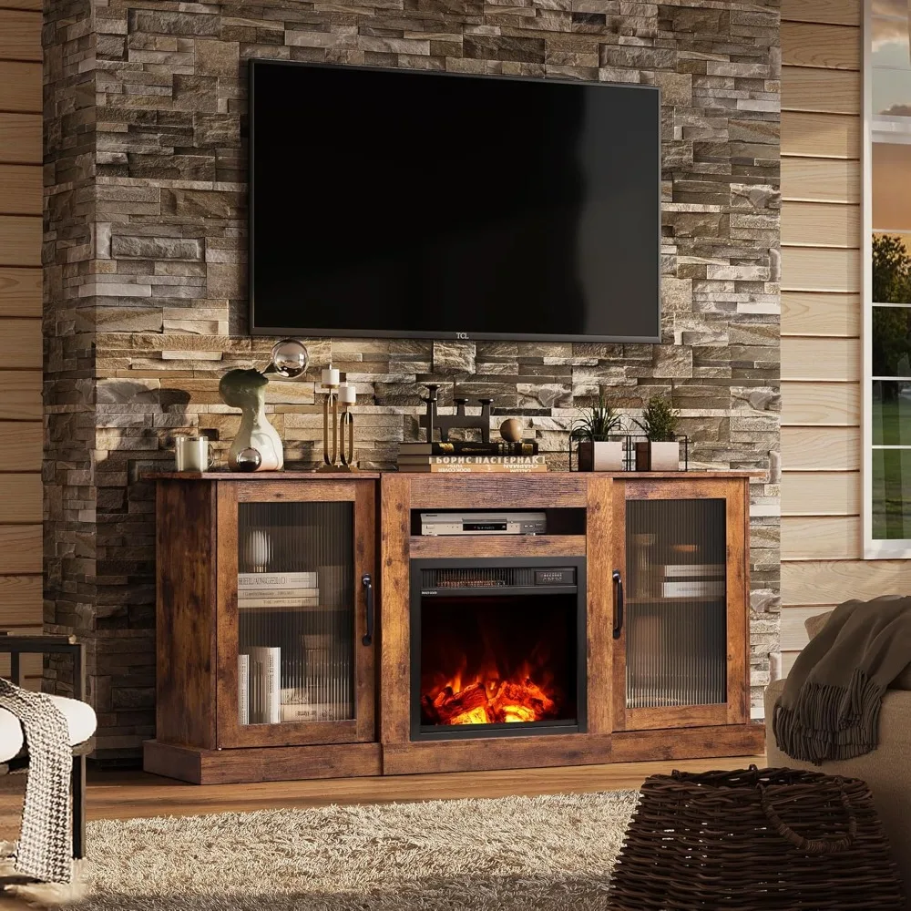 Fireplace TV Stand for TV, Entertainment Center with Electric Fireplace, TV Console with Open Shelves for Living Room