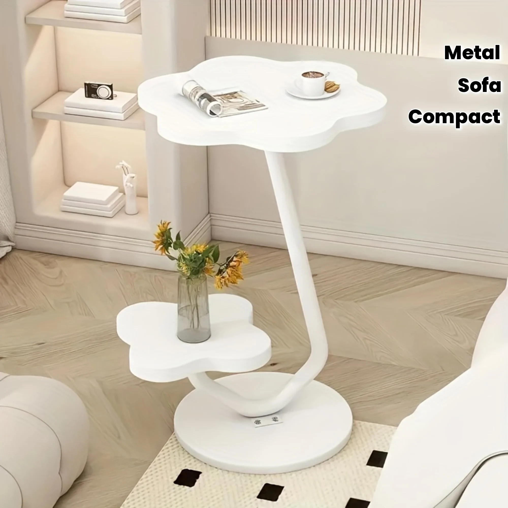 Floral Petal Design Side Table, 2-Tier Cream Accent Table with Metal Base, Minimalist End Table for Living Room Sofa,Small Space