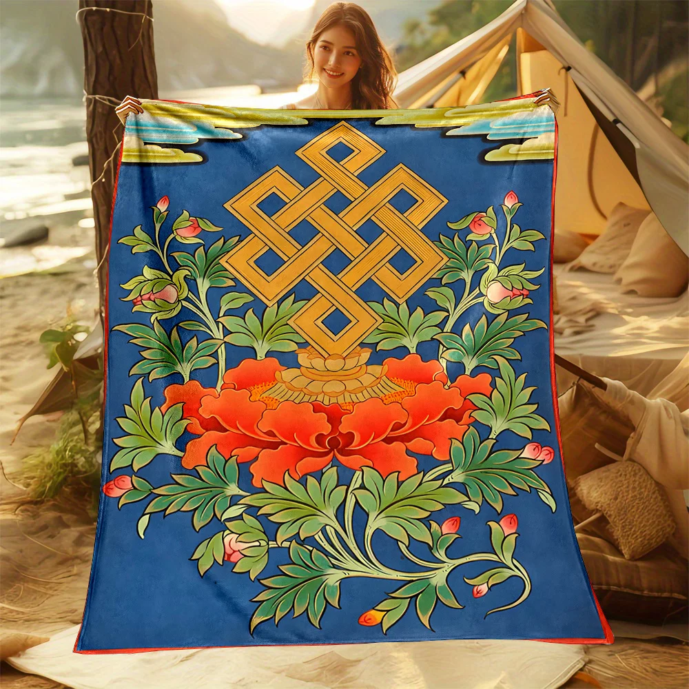 

Contemporary Flannel Throw Blanket with Tibetan Buddhism Symbol Print - Digital Print Soft Polyester Non-Woven Fabric, Reversibl
