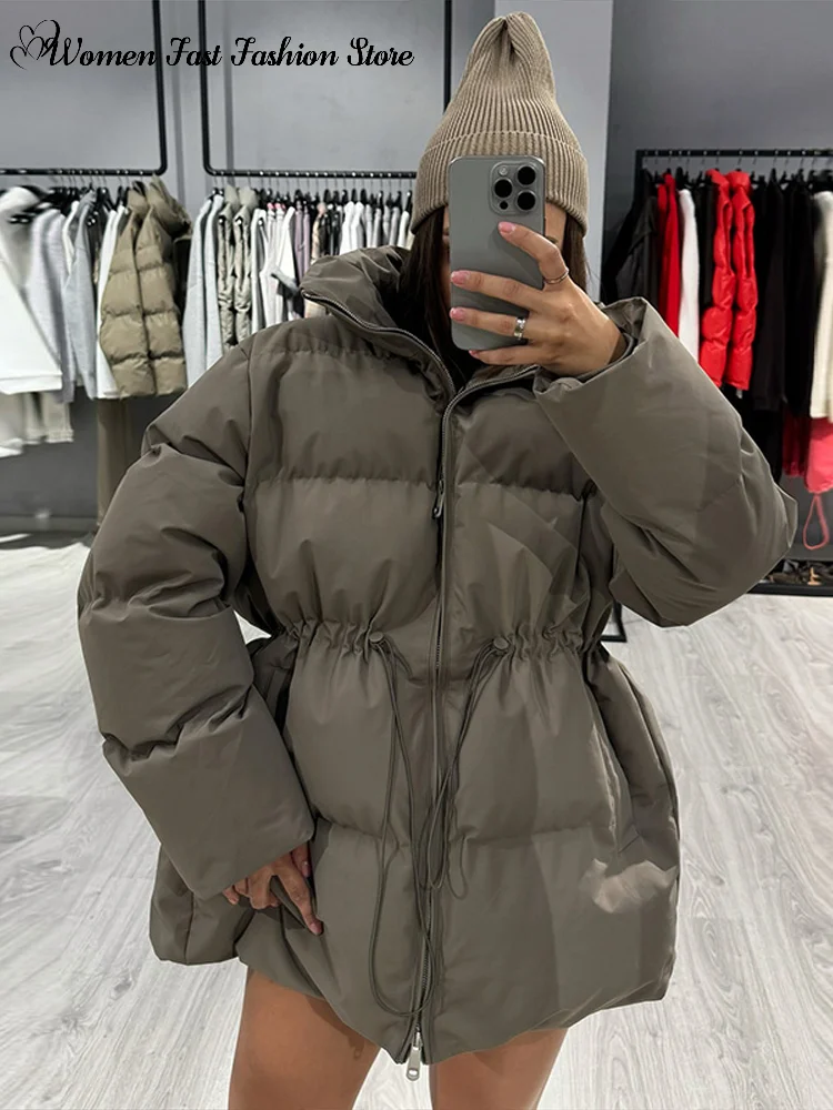 Women's Drawstring Waist Cinching Cotton Coat 2026 Winter Warm Stand Collar Zipper Pockets Quilted Jackets Female Solid Outwear