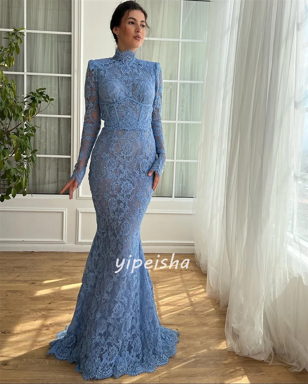 Customized High Quality Intricate Lace Ruched Mermaid High Collar Long Dresses Bespoke Occasion Dresses Sizes Available Classic
