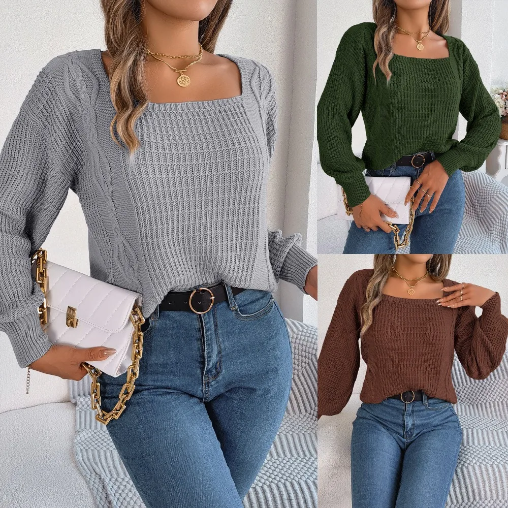 Women's Knitting Pullover Sweater Casual Solid Color Square Neck Fried Dough Twists Lantern Sleeve Autumn and Winter New Style