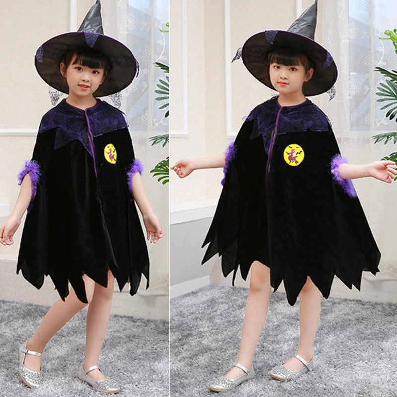 Halloween crianças trajes meninas bruxa cosplay conjuntos manto + chapéus crianças halloween cosplay festa wear carnaval festa presente 3-10y