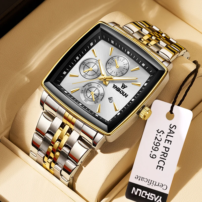

Luxury Square Dial Men Quartz Wristwatch Business Male Wristwatch Waterproof Luminous Stainless Steel Chronograph Date Men Watch