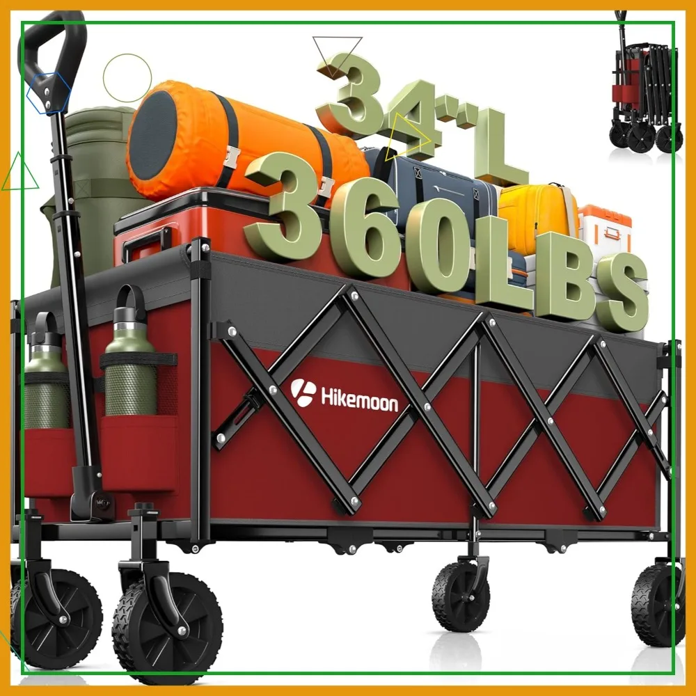

34'' Extra Long Collapsible Wagon Cart, 360LBS Heavy Duty Folding Beach Wagon with Wheels for Outdoor Use