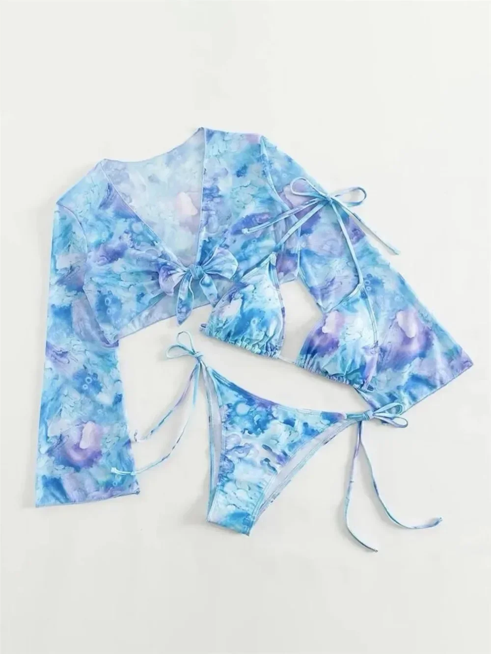 Sexy Blue Tie Dye 3-częściowy zestaw bikini dla kobiet z długim rękawem i wiązaniem z przodu Strój kąpielowy 2024 Strój kąpielowy z wiązaniem z boku