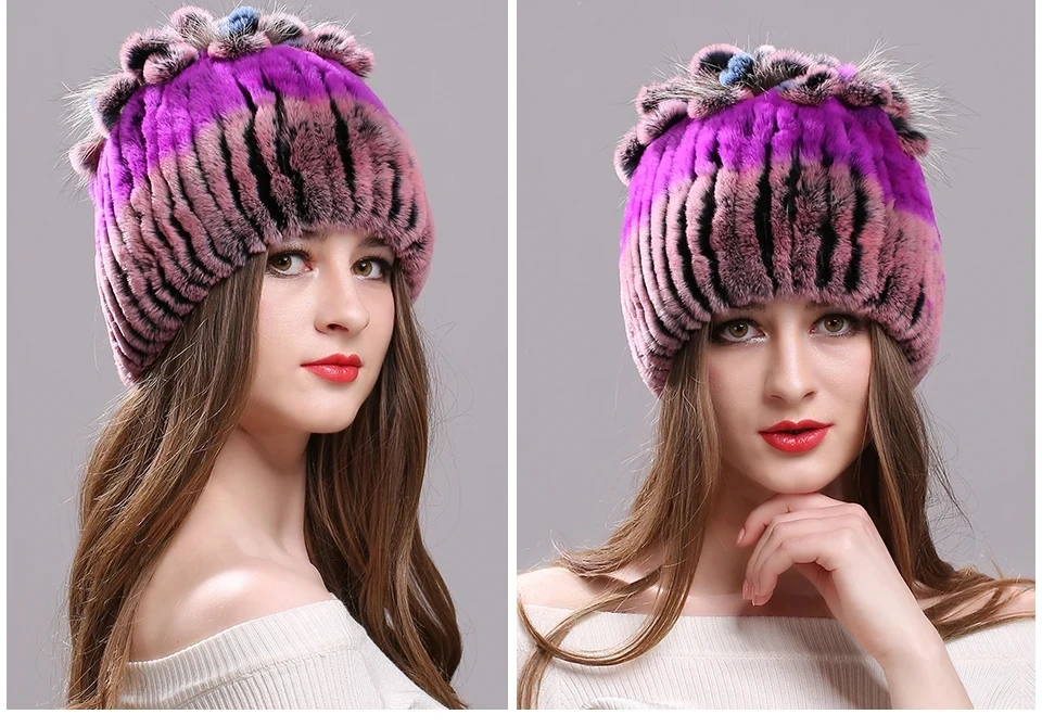 Strickmütze für Damen, 100 % echte Rex-Kaninchenfellmütze mit Blumen, Oberteile, warme, hochwertige Beanie-Damenmütze aus echtem Pelz für den Winter – Detail 32