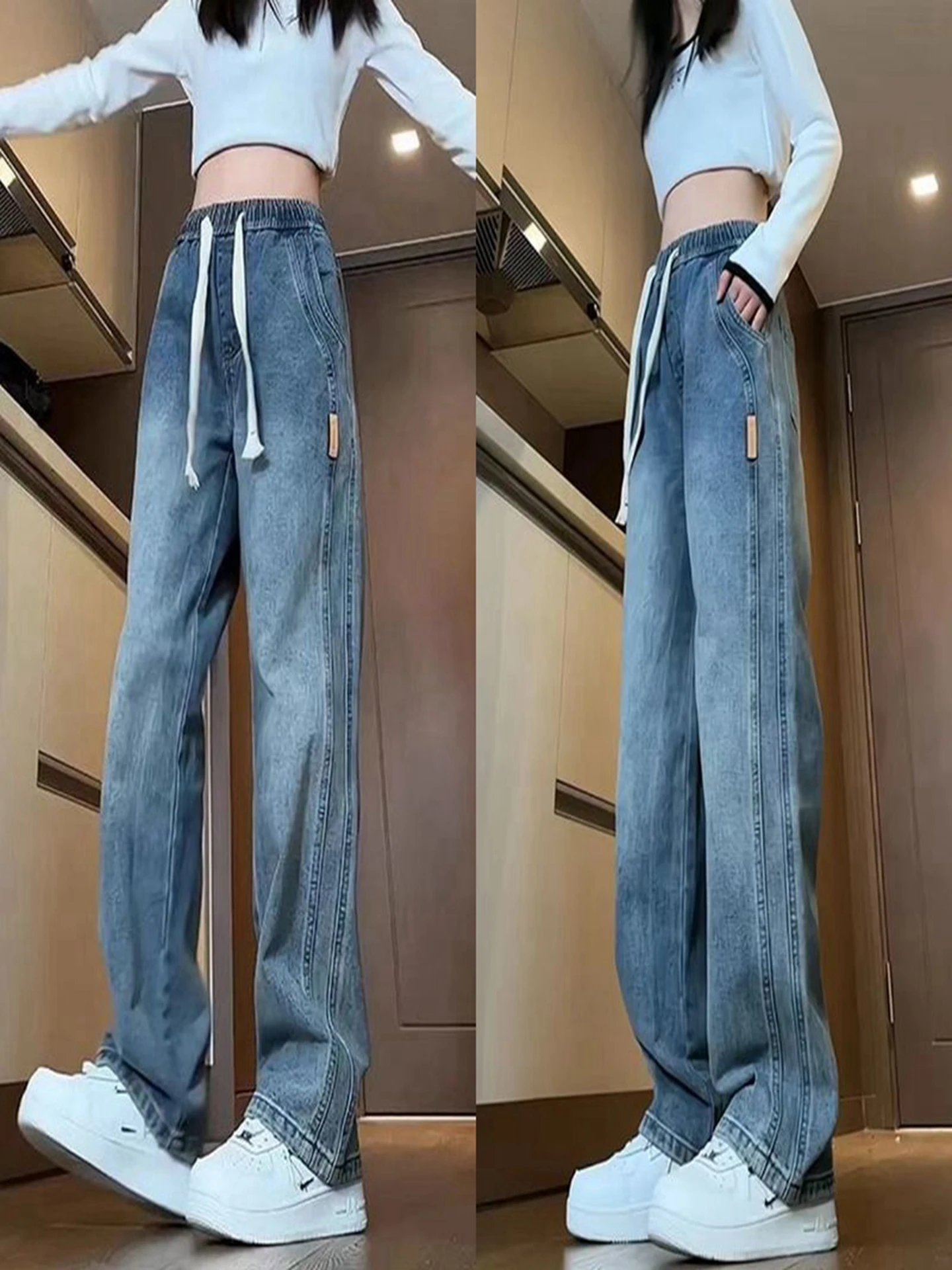 

Men's Casual Straight Leg Jeans Spring Autumn Thickened Fleece Lined Loose Fit Workwear Trousers All Seasons Cotton Denim