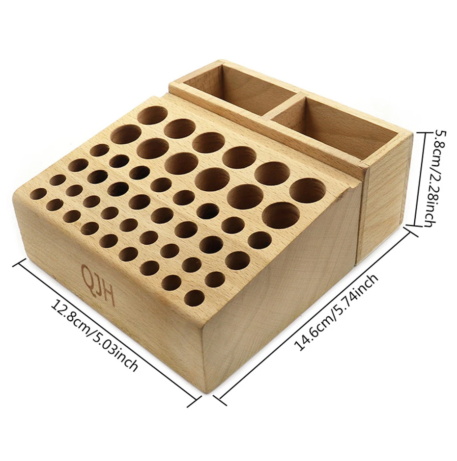 QJH Handwerkzeughalter-Box mit 46/98 Löchern, Organizer, Holzständer für Lederhandwerk, Stanzwerkzeuge, Schnitzwerkzeuge, Bohrer-Aufbewahrung – Detail 4