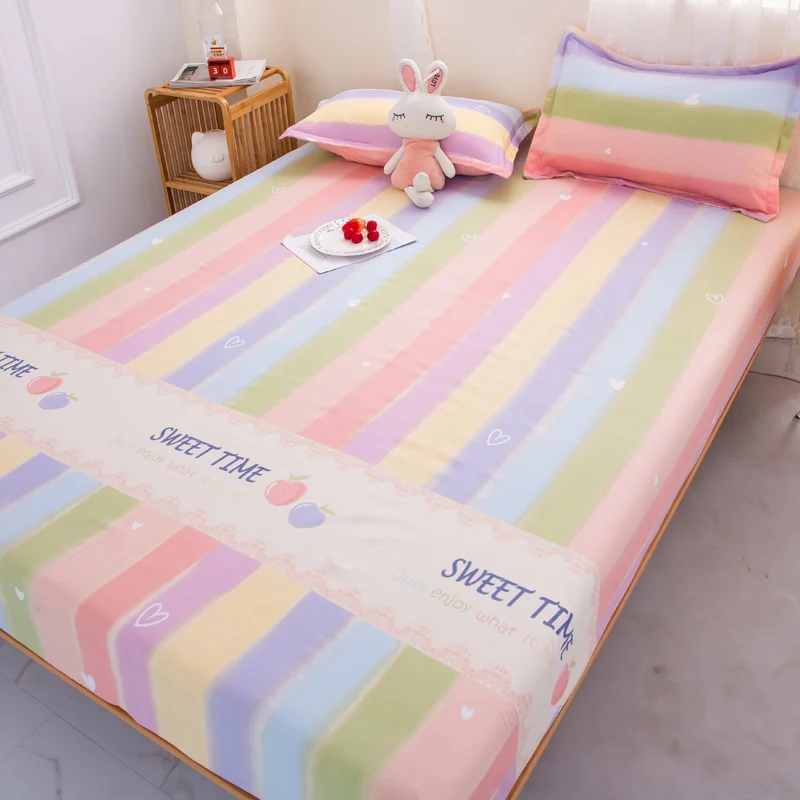 1pc Bed Sheet on Elastic Rainbow Printed Bed Fitted Sheet for Double Bed Single Bed Linen Queen Bottom Sheet (Without Pillowcase