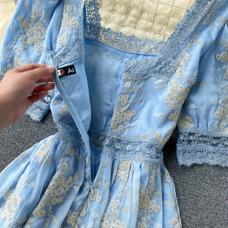 High Quality Summer Sweet Soft Girl A Line Dress Lace Embroidery Button Decor Party Dresses Casual Street  Vestidos Midi Dress