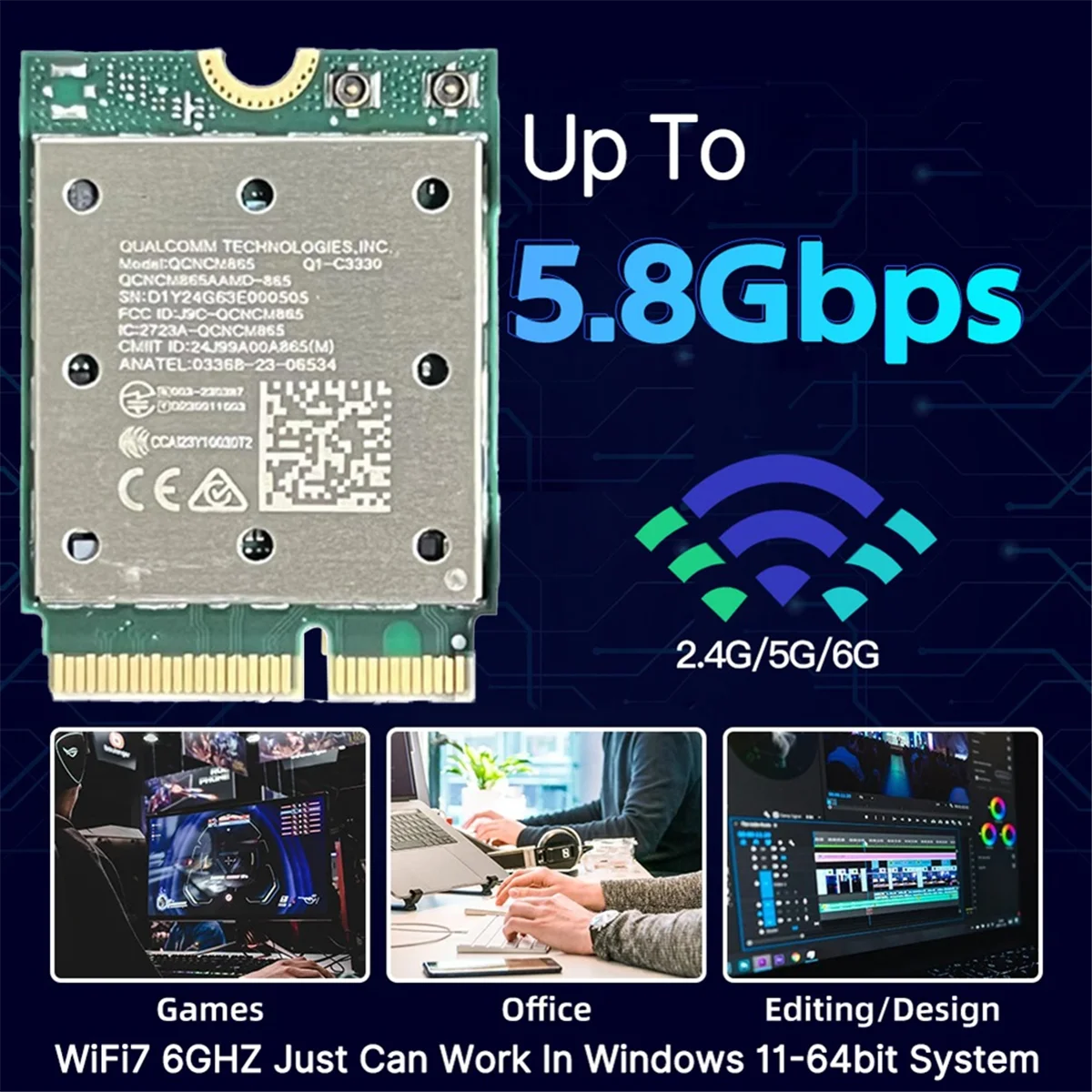 Y59ATri Band WiFi7 QCNCM865 บลูทูธ 5.4 ไร้สาย WiFi การ์ด Tri Band 2.4G/5G/6 Ghz อะแดปเตอร์เครือข่ายไร้สายสําหรับ Win11