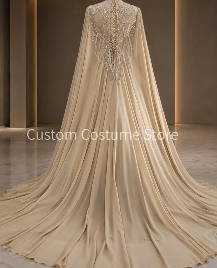 Champagne Islam Caftan Wedding Dresses with Cape Luxury Beaded Lace Long Sleeve Modest Henna Bride Gown Outfit CustomizedC