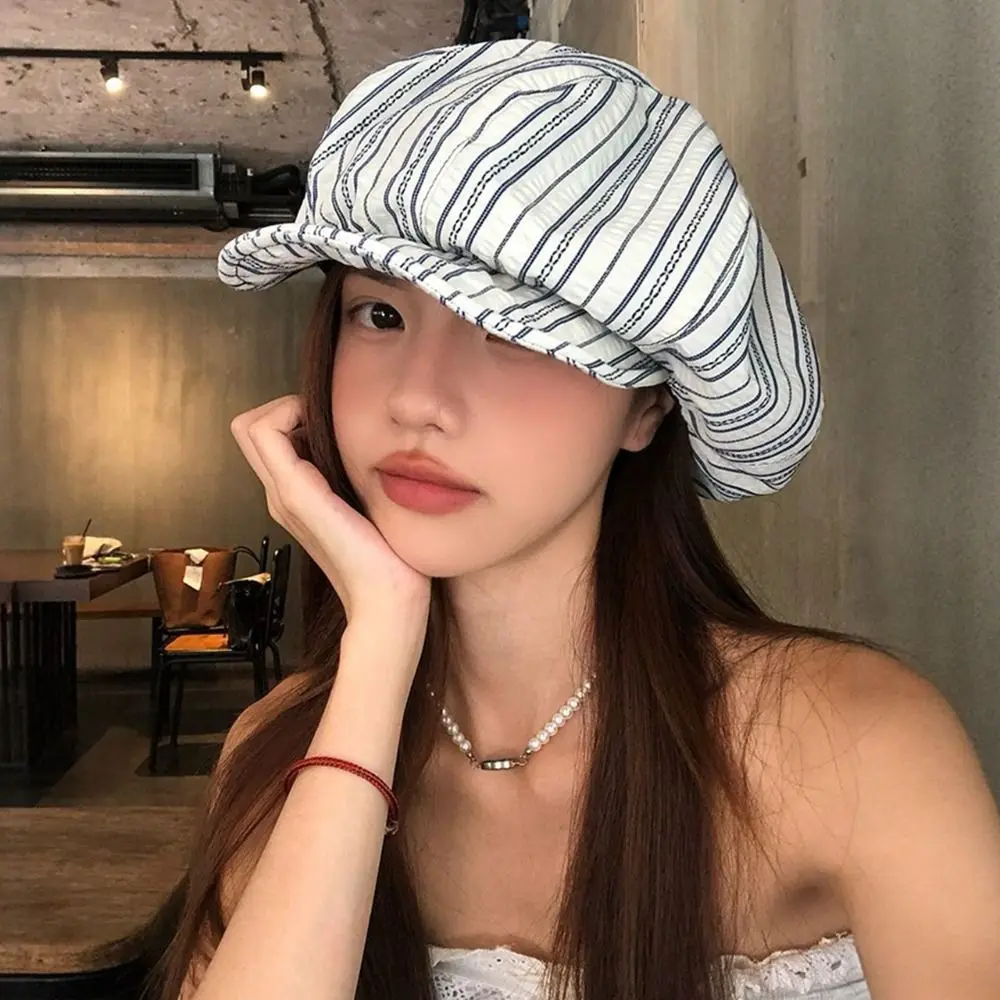Vintage Crinkled Texture Pleated Beret Hat Striped Pattern Breathable Newsboy Cap Soft Face-Flattering Painter Hat for Women