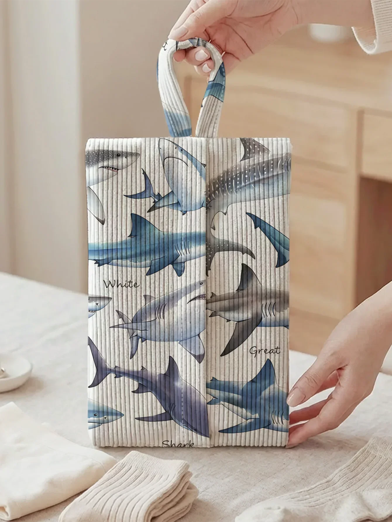 Shark Pattern Corduroy Vertical Storage Bag, Lightweight Handheld Organizer Pouch for Underwear, Socks and Small Personal Items