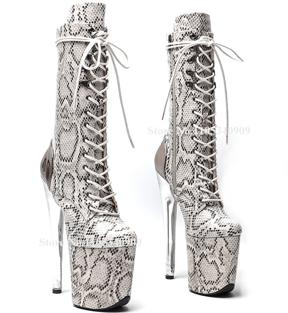 Bondarenko Fashion Snakeskin Leather Stiletto Heel Short Boots Round Toe Patchwork Silver Thin Heel Lace-up 20cm Dance Shoes