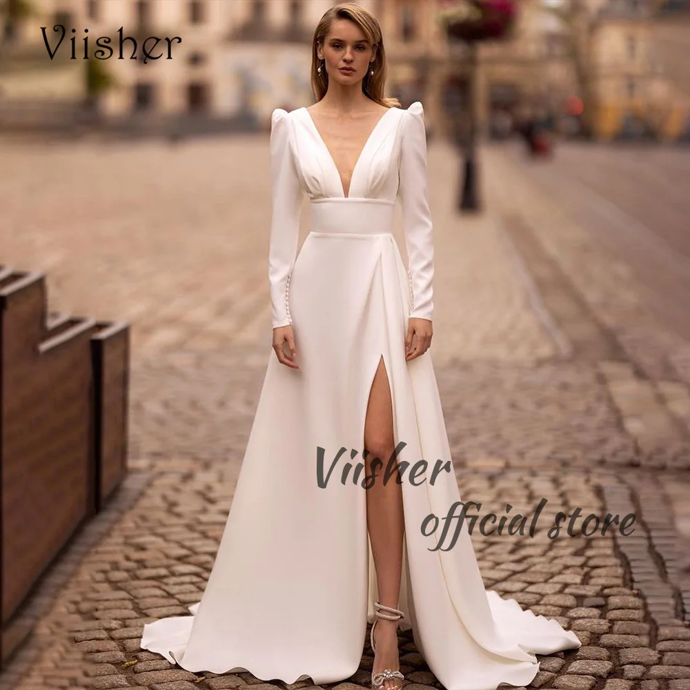 

Viisher Ivory Satin A Line Wedding Dresses Long Sleeve VNeck Bride Dress with Slit Simple Cicvil Wedding Gowns Lace Up Back