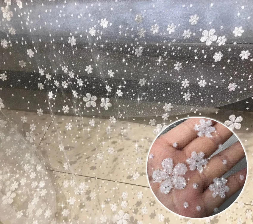 

Snowflake sized flowers shiny pieces transparent mesh dessert table arrangement sewing dress wedding dress fabric