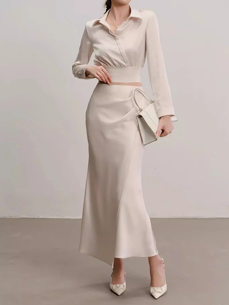 REDDACHiC Satin Blouse Top Skirt Set Cinched Cropped Long Sleeve Shirt Pleated Mermaid Maxi Skirt Office Elegant Women Clothes