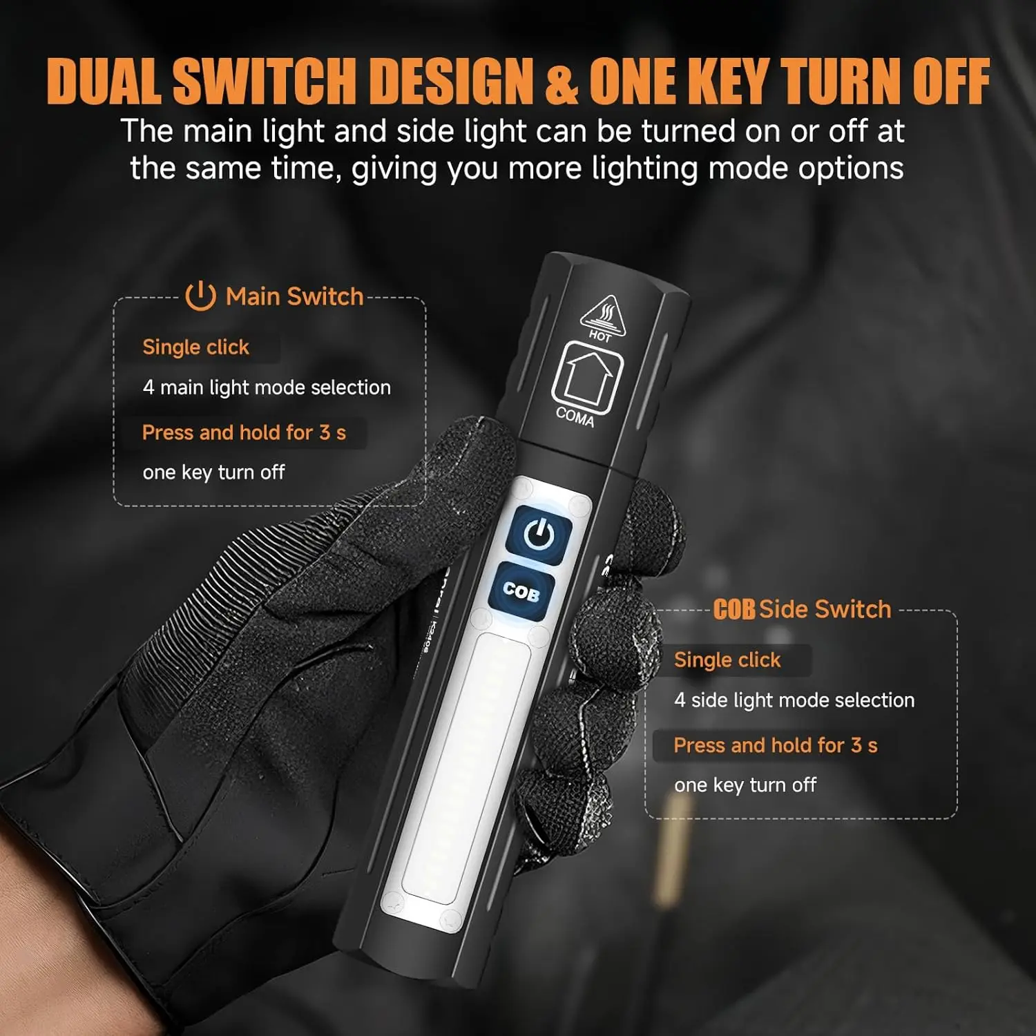 مصباح يدوي LED مغناطيسي قابل لإعادة الشحن، 8 أوضاع، USB-C، مصباح جيب مقاوم للماء للطوارئ والسيارة والهدايا