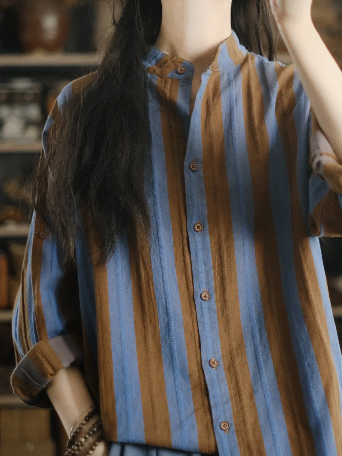 

Blue Stand Collar Loose Fit Striped Vintage irt Cotton Linen Blend Breathable Long Sve Women's Busin Casual irt