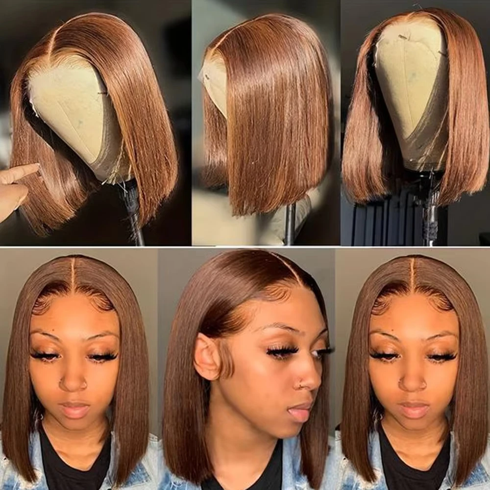 12 인치 초콜릿 브라운 짧은 밥 인간의 머리 가발 13x4 레이스 전면 인간의 머리 가발 미리 뽑은 100% 브라질 가발 인간의 머리카락