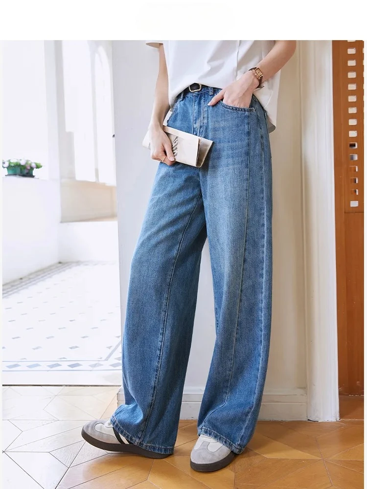 Miflame ผู้หญิงสบายๆสูงเอวหลวมตรงกางเกงยีนส์ขากว้าง 2025 ฤดูร้อนสํานักงาน Slim ล้าง Denim Pabts กางเกงยาว