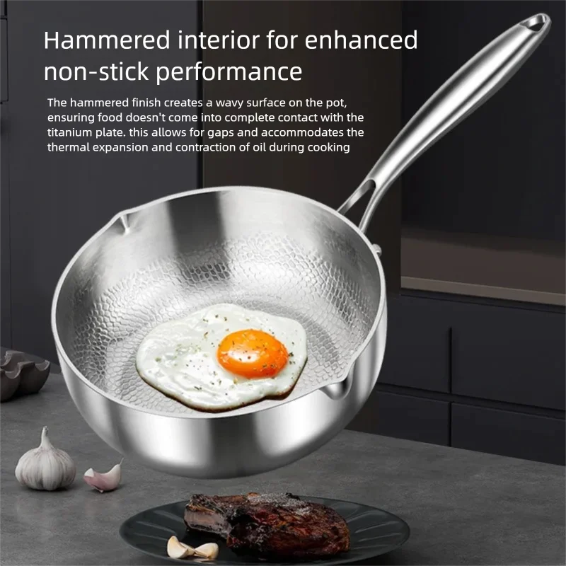 Titanium Hammered Snow Pea Pot 5 Layer Steel No Coating Non Stick Baby Food Soup Milk Pot Induction Gas Ceramic Dual Spout