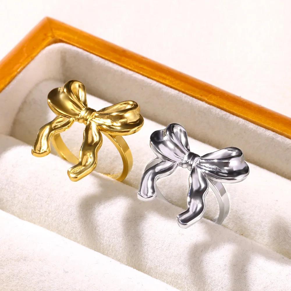 Fashion Ribbon Bows Stainless Steel Rings for Women Temperament Butterfly-Knot Adjustable Open Ring Female Jewelry Party Gifts