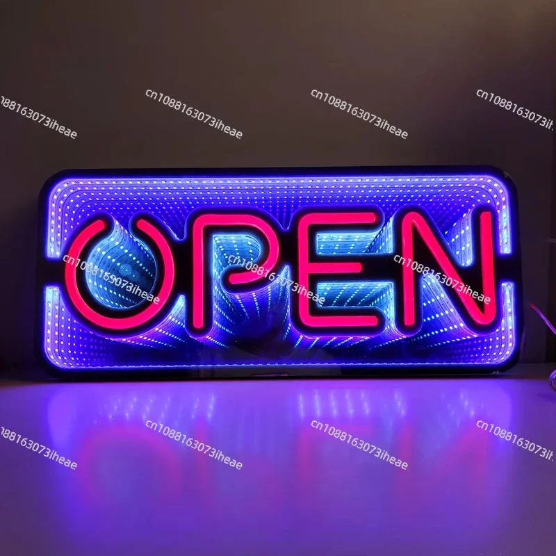 Double Side Infinity Mirror Ultra Bright 19x8 in LED Open Neon Sign for Shop Café Restaurant Business Wall Mount
