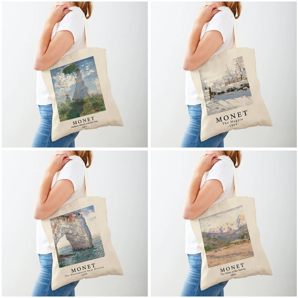 Claude Monet Abstract Impressionist Shopper Bag Both Sided Tote Handbag Fashion Art Casual Retro Women Shopping Shoulder Bag