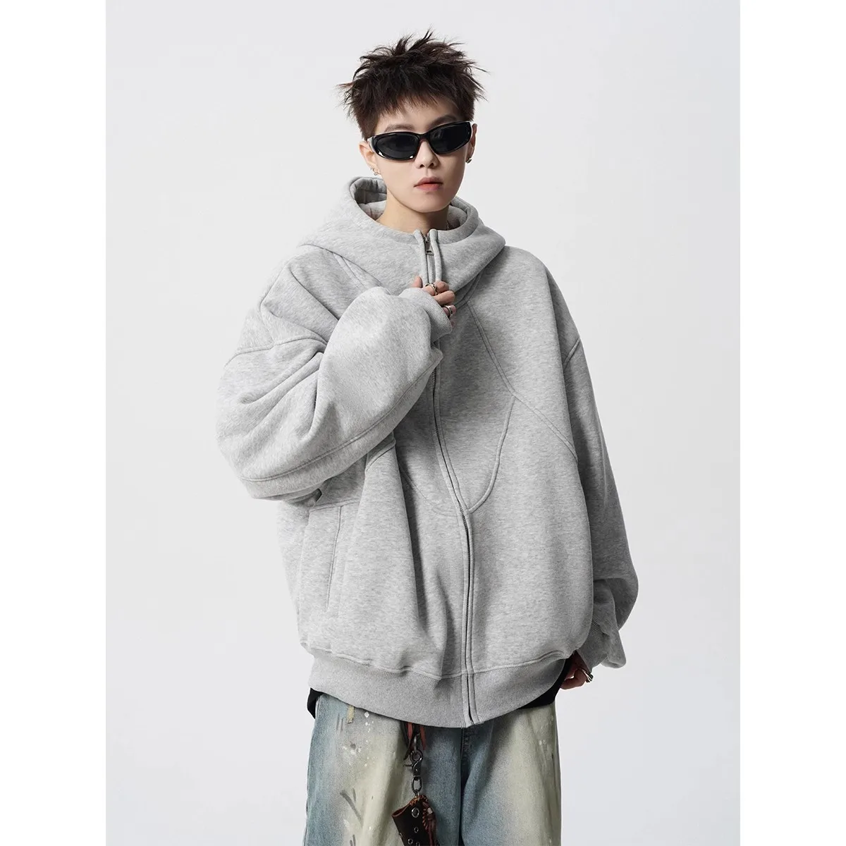 Irregular Stitching Sewn Jacket Jacket Men's Winter Design Sense Fleece Hoodie Versatile Casual Sweater
