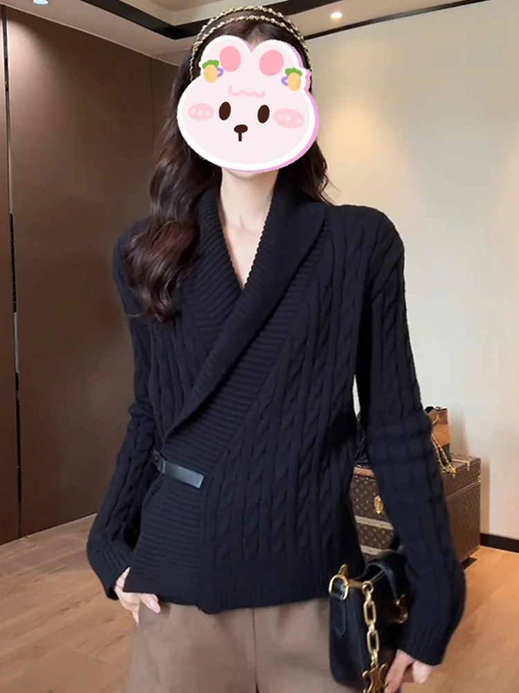 

Свободный вязаный свитер для женщин: осенняя новинка, модный топ с воротником-смокингом, элегантная и стильная женская одежда высокого класса