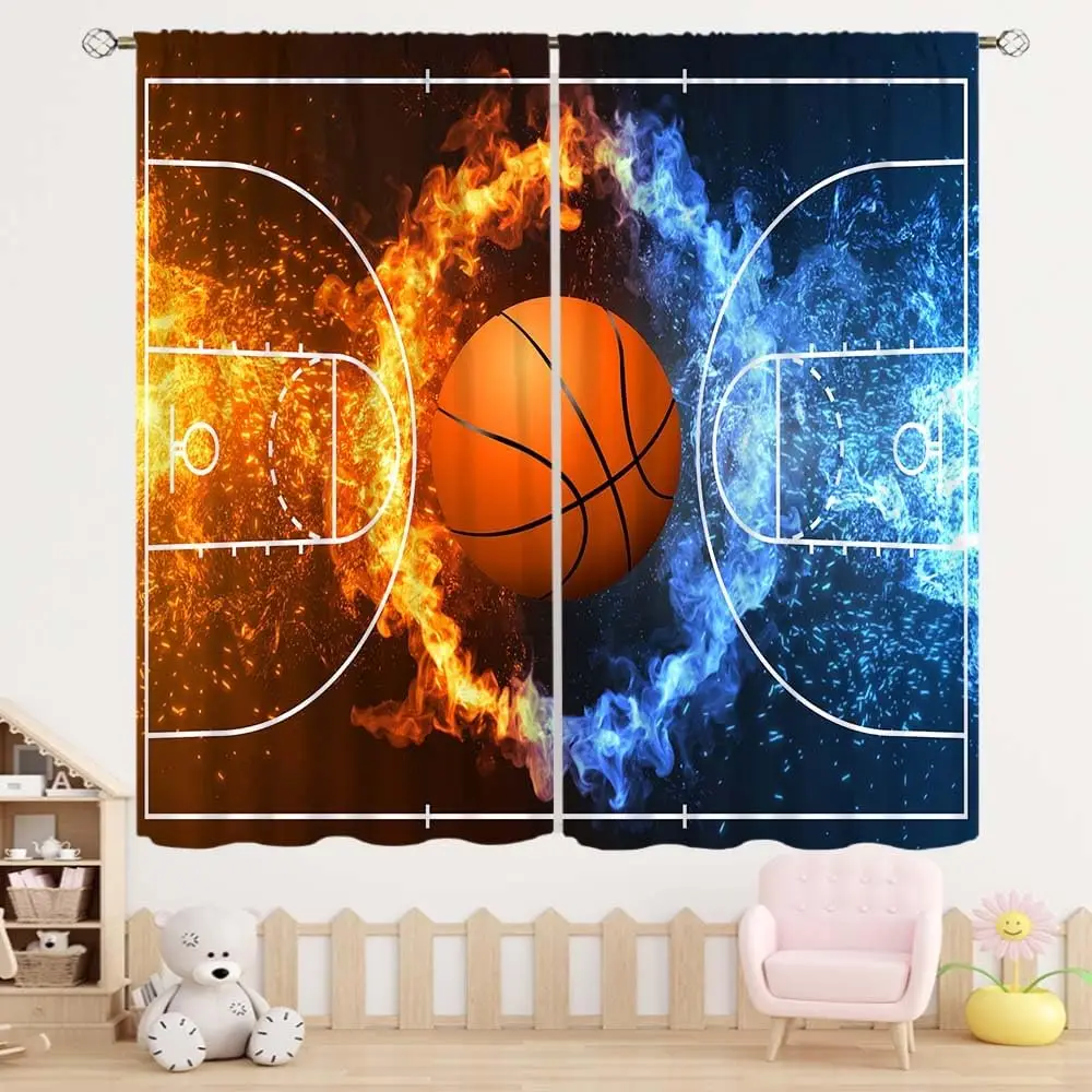 Cortina con Temática de Baloncesto Cool Fire Ice, 2 Paneles, Base Oscura, Estampado de Cancha con Llamas Dobles, Cortina para Ventana, Decoración Masculina para el Hogar