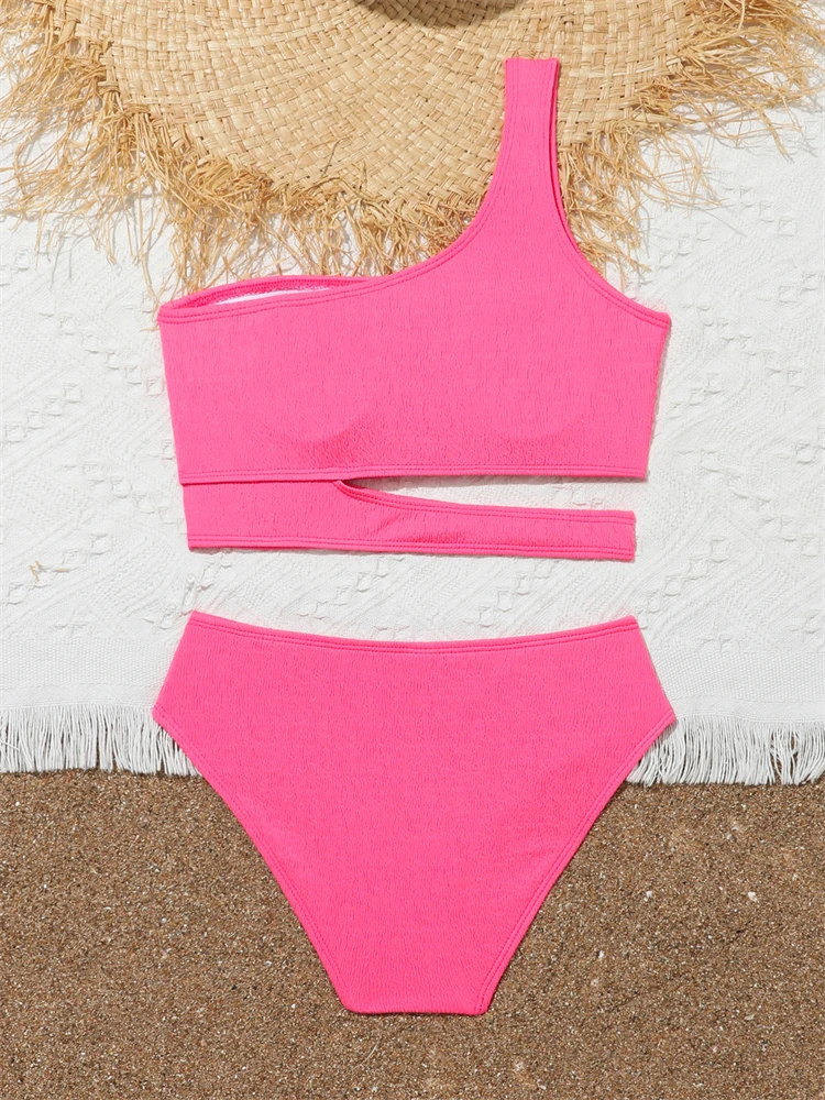 Girls\' Swimsuit Bikini 2024 New Solid One Shoulder Bikinis Set Children Swimwear Summer High Waist Kids Beach Wear Bathing Suit