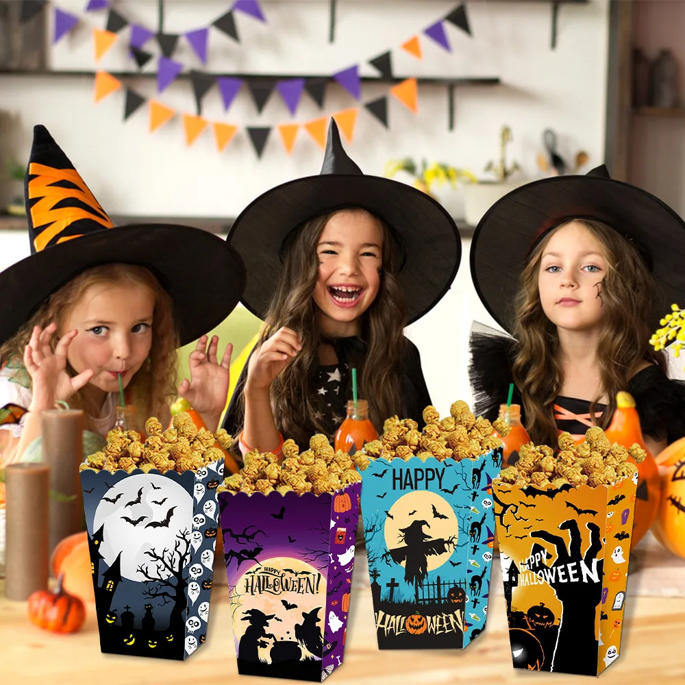 Popcorn Box for Halloween Party, Snack Box, Doces e Cookie Container, Decorado, Presente para Crianças e Adultos, Suprimentos Halloween, 8 unid