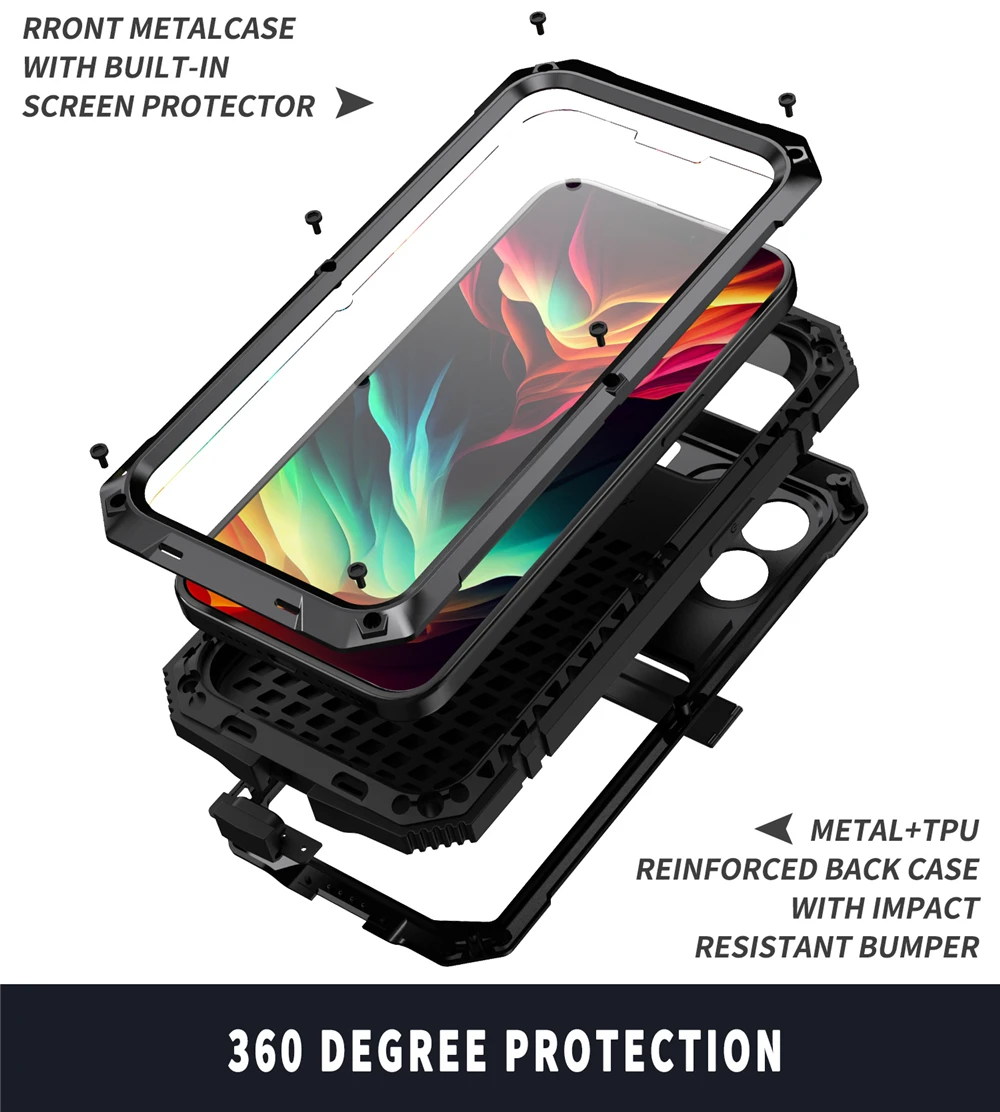 

For iPhone 15 Pro Max Plus Case 360 Metal Armor Heavy Duty Cover With Built-in Screen Lens Protection Shockproof Coque Fundas