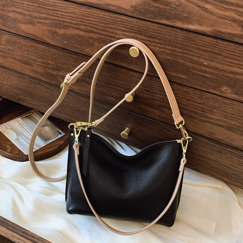 

High Quality Cowhide Leather Women Underarm Bag Messenger Bag Simple Design Hobo Bag Solid Color Genuine Leather Shoulder Bag