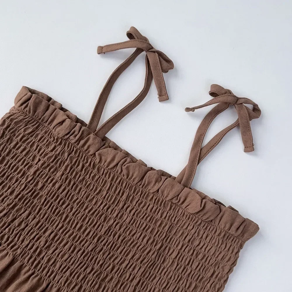 Girls Suit Korean Version Summer Khaki Pleated Camisole Top and Beige Long Pants Two-piece Set 3 To 7 Years Old Kids Daily Wear view 4