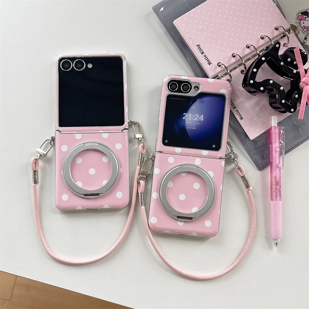 Cute Pink White Polka Dot Magnetic Ring Stand Phone Case For Samsung Galaxy Z Flip8 Flip7 6 5 4 3 Shockproof Cover With Wrist St