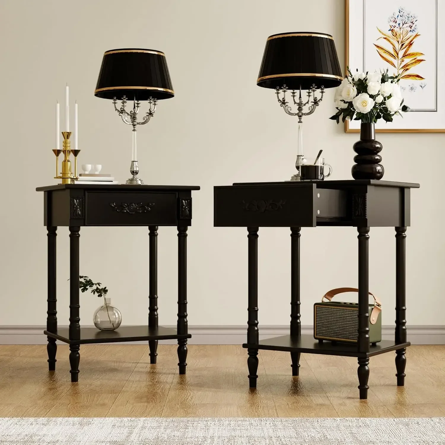 Set of 2 Vintage Wooden Nightstand with 1 Drawer and Bottom Shelf, Elegant Bedside Table End Side Table for Bedroom, Living Room