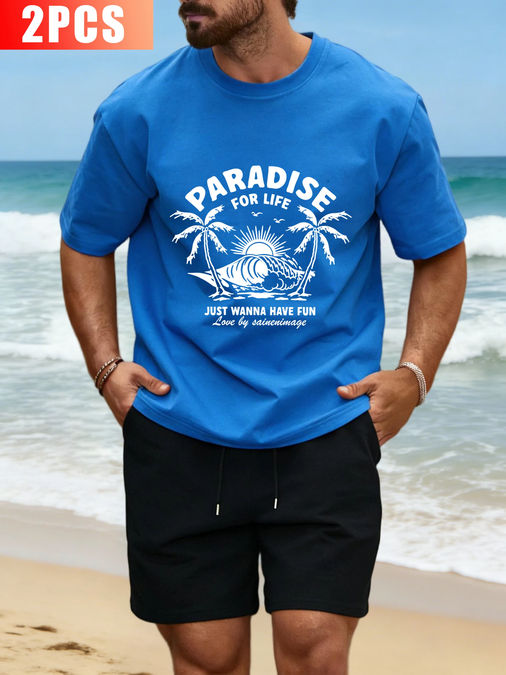 

Paradise For Life Just Have Fun Men Sportset Summer Cotton Tee Fashion Drawstring Shorts Loose Retro Clothes Unisex O-Neck Top