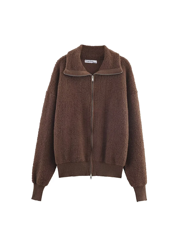 

European style new women's fashionable and versatile solid color lapel zip-up trouser jacket with lace trim.