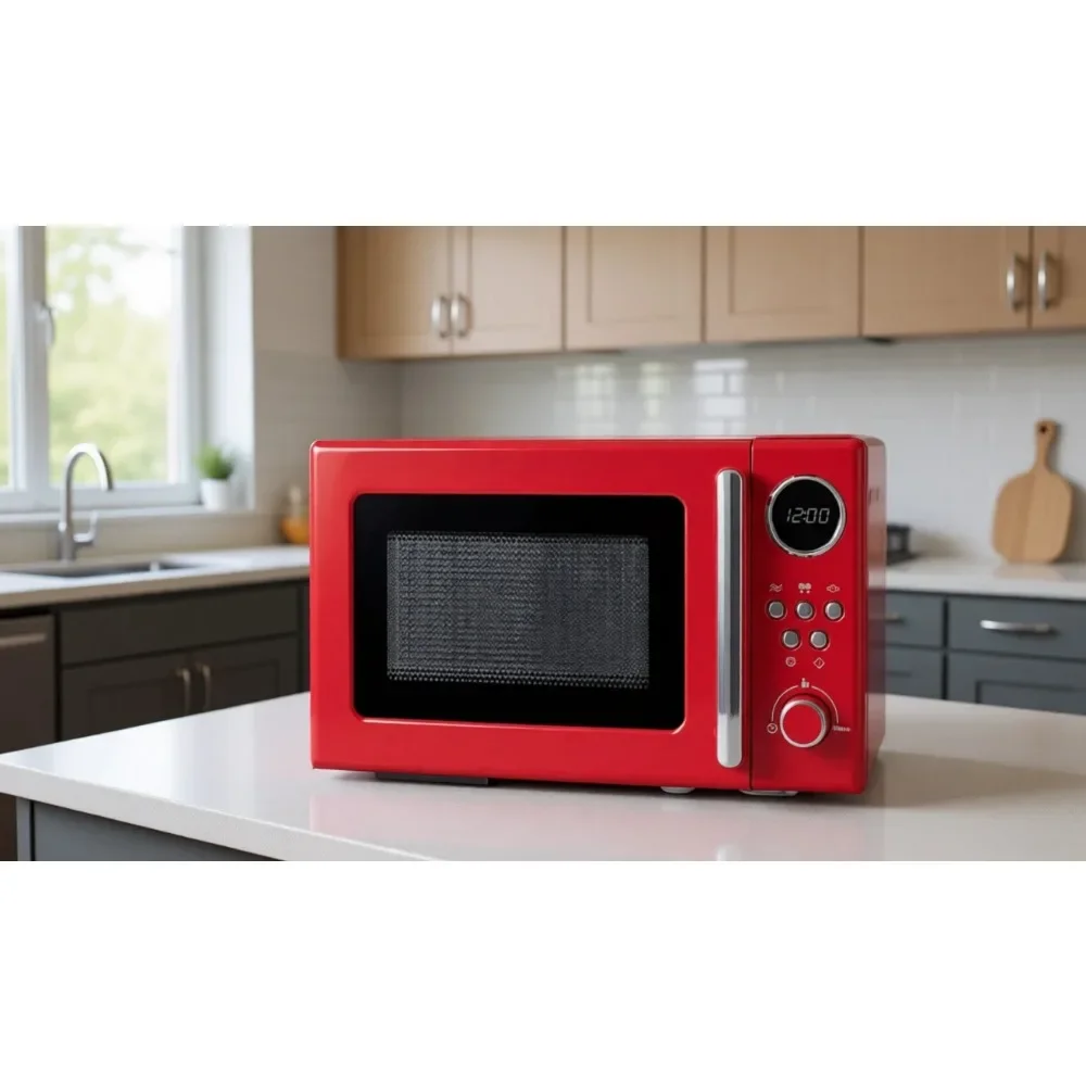 Microondas Compacto de Estilo Retro, 20L, 800W, 5 Niveles de Potencia, Pantalla Digital, Función de Descongelación, Rojo